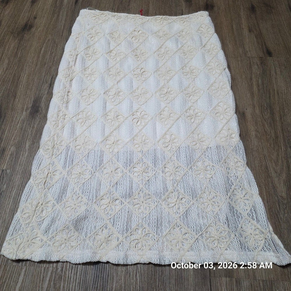 Solitaire Ivory Lace Diamond Floral Crochet Midi Skirt XL NWT Metallic Shimmer
